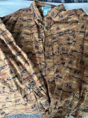 Duluth Trading Co. Button-Up Shirt in Warm Brown with Navy Print